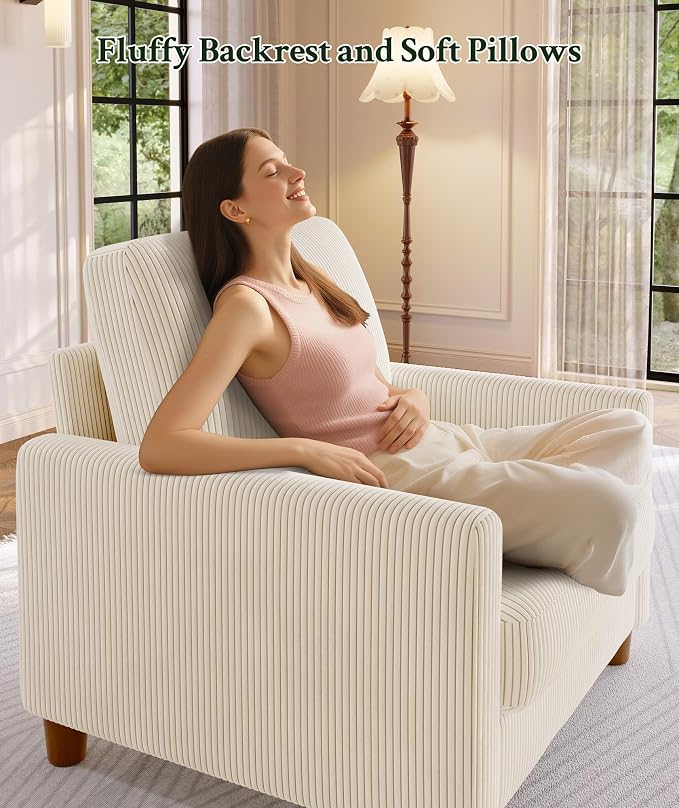 Welzona 35.3" Couches for Living Room, Comfy Beige Couch Single with 22.5" Deeper Seat, Accent Chair Tool-Free Setup, Reading Chair 440lbs Support, Corduroy Couch for Bedroom, Apartment, Office