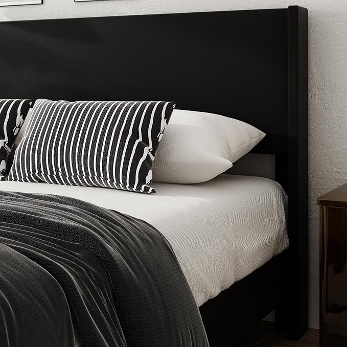 King Bed Frame with Faux Leather Upholstered Headboard, Wear-Resistant, Easy Clean, Mattress Foundation, No Box Spring Required, Easy Assembly, Black