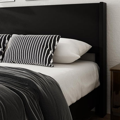 King Bed Frame with Faux Leather Upholstered Headboard, Wear-Resistant, Easy Clean, Mattress Foundation, No Box Spring Required, Easy Assembly, Black