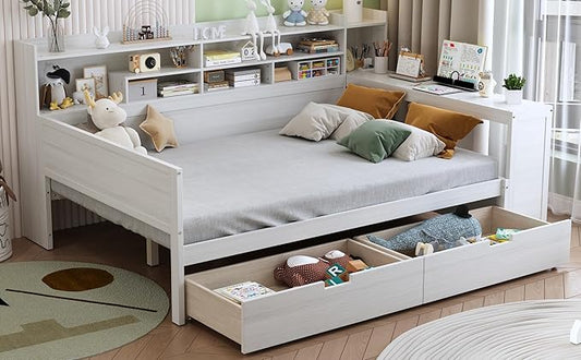 Merax Full Size Wood Daybed, Corner Bed Frame with Storage Shelves, 2 Drawers & Study Desk & Built-in Workspace, Multi-Functional Wooden Bed Space-Saving for Bedroom, Dorm, Guest Room, Antique White