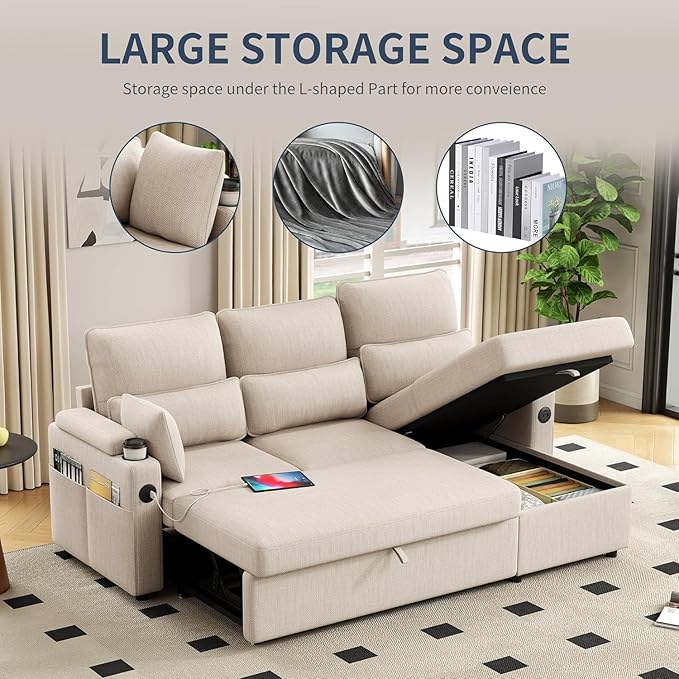81" L-Shaped Sectional Sofa with Storage, Reversible Sleeper Sofa Couch with Chaise, Soft Fabric Upholstered Modular Couch with Cup Holder & Side Pockets, 1000lbs Capacity for Living Room