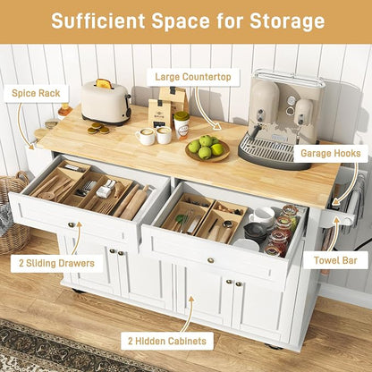 Hlivelood 55" Movable Kitchen Island with Drop Leaf and Power Outlet, Rolling Island Cart w/Storage Cabinet, Island Table on Wheels for Kitchen w/2 Drawers, Spice Rack, Towel Bar, Garage Hook, White