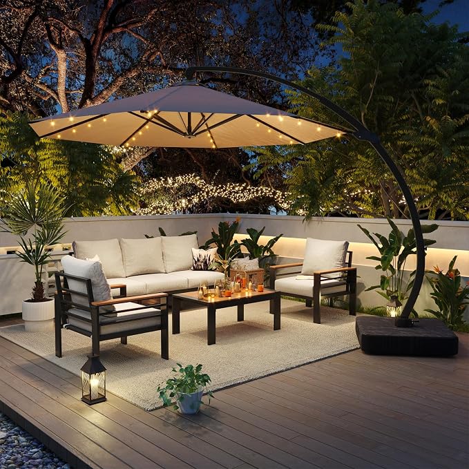 Aoxun Aluminum Patio Furniture Set with Umbrella 5 Seats, Oversized Outdoor Sectional with Washable Thick Cushions, Coffee Table, Patio Conversation Sets for Porch, Balcony, Deck
