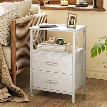 Huuger Nightstands Set of 2, Night Stand with Charger Station, 2 Drawer Side Table with Open Shelf, USB-C Port, End Table for Small Spaces, X Shaped Side Rail, White