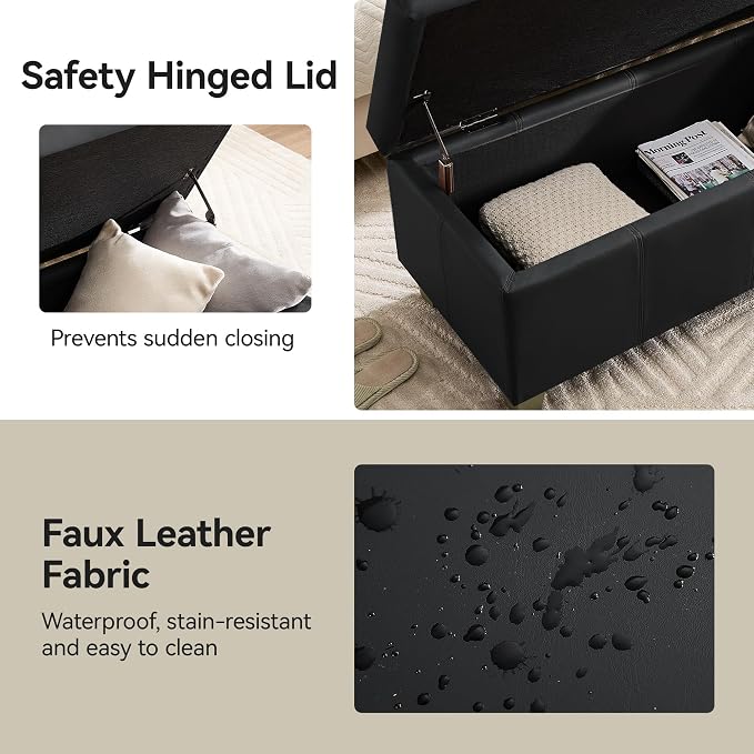 WUTUTUEE 51" Faux Leather Storage Ottoman, Stitch Tufted Rectangle Upholstered End of Bed Storage Bench, Entryway Large Couch Ottoman with Wooden Legs, Dark Black