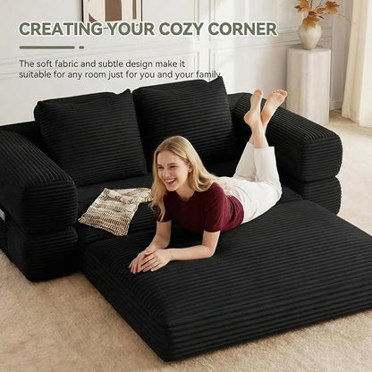 Jocoevol 4-in-1 Convertible Folding Sofa Bed, 78"W x 68"L Queen Size Foldable Sleeper Sofa Bed, Wide Corduroy Upholstery, Boneless Mattress Couch with Armrests & Neck Pillow for Living/Bedroom, Black