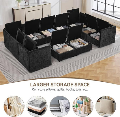130" Black Oversized Modular Storage Sofa, U Shaped Chenille Cloud Couch | Oversized Convertible Sectional Sofa, 9-Seat Sectional Couch With 2 Ottomans, Large Cloud Couch For Living Room, Apartment.