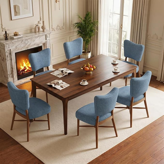 Dining Chairs Set of 6, Linen Upholstered, Solid Wood Legs, Blue | Mid Century Farmhouse, Cross-Brace Reinforced, Padded Cushion, Easy 15-Min Assembly, Kitchen Dining Room
