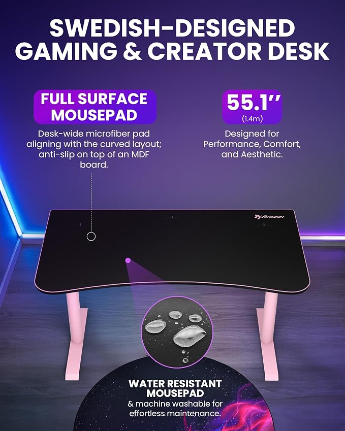 Arozzi Arena Medium Gamer Desk - 55x30” Steel Frame PC Gaming Desk with Storage for Cables & Dual-Monitor Support - Full-Surface Washable Mousepad - Pink