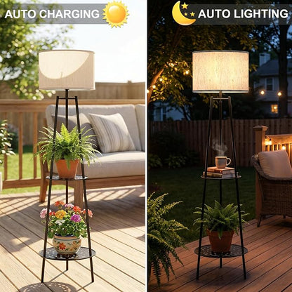 Solar Outdoor Floor Lamp with Plant Shelves, Waterproof Solar Standing Lamp for Patio Porch Garden Yard, Auto On/Off Warm LED Floor Light with 2-Tier Plant Stand, Cordless Outdoor Decor Lighting