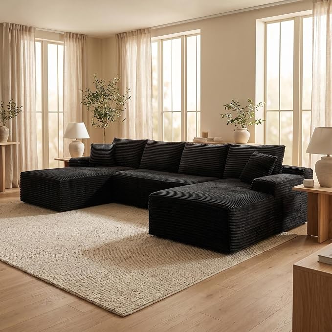 132" Oversized U-Shaped Cloud Sectional Couch Plush Corduroy Boneless Symmetrical Sofa, Front Facing Modular Compressed Boneless Sectional Sofa with Double Chaise Lounges