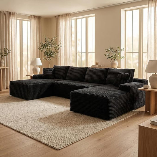 132" Oversized U-Shaped Cloud Sectional Couch Plush Corduroy Boneless Symmetrical Sofa, Front Facing Modular Compressed Boneless Sectional Sofa with Double Chaise Lounges