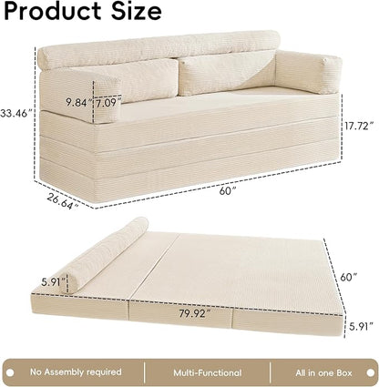 5-in-1 Convertible Sofa Bed Queen, 60" Boneless Loveseat Couch Tri Folding Mattress with L-Shaped Armrests, Corduroy Futon Couch Sleeper with Pull Out Bed for Living Room Bedroom Apartment, Beige