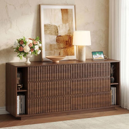 Whalefall 63 Inch Fluted 6 Drawers Dresser with Shelves, Walnut | Large Chest of Drawers for Bedroom, Mid Century Modern, Wood Closet Storage Organizer, Pedestal TV Stand for Living Room