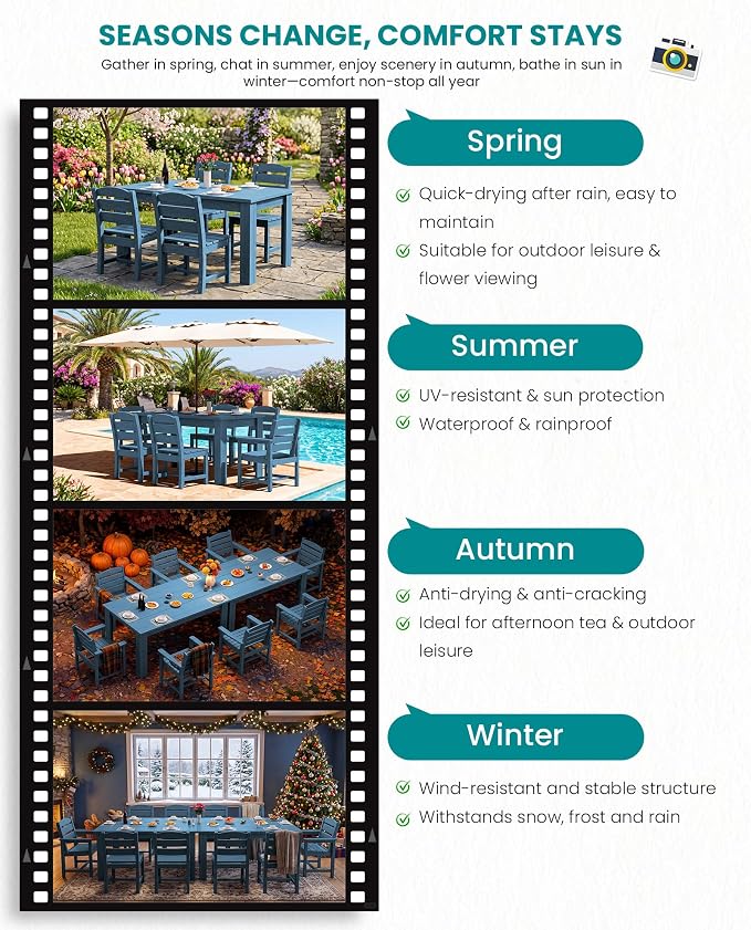 SERWALL HDPE Dining Set for 8: 2 Umbrella Hole Tables + 8 Chairs. for Garden, Backyard, Poolside. Blue
