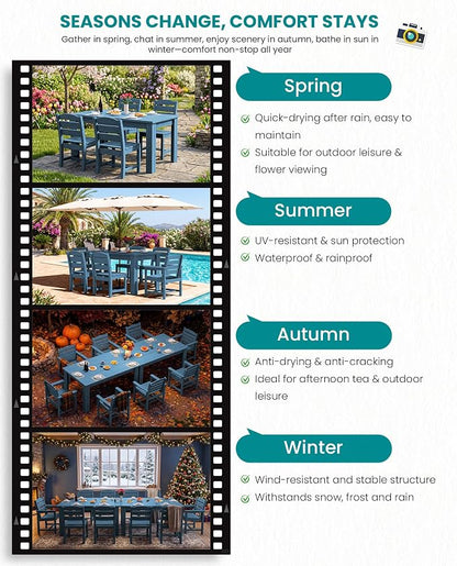 SERWALL HDPE Dining Set for 8: 2 Umbrella Hole Tables + 8 Chairs. for Garden, Backyard, Poolside. Blue