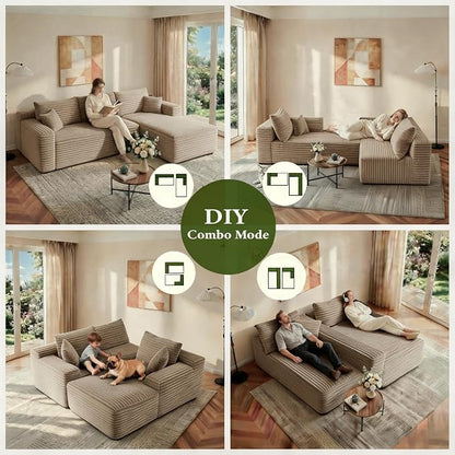 JINGLING 94" L Shape Couch with Right Chaise, Memory Foam Boneless Sectional Sofa in a Box, No Assembly Modular Small Couches for Small Spaces, Living Room, Apartments, Plush Corduroy, Camel