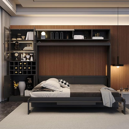 Queen Murphy Bed with Couch, Storage Shelves and USB, Folding Wall Bed | Stores bed and mattress together, with built-in light, 600 lbs capacity and 8-10 in mattress support for small spaces