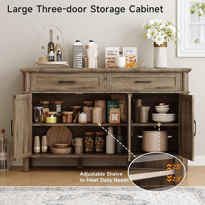 ONBRILL 55 Inch Buffet Cabinet with Storage, Farmhouse Sideboard Buffet w/2 Drawers and 3 Doors, Coffee Bar Cabinet with Adjustable Shelves, Sideboard Storage for Kitchen, Living Room, Washed Grey