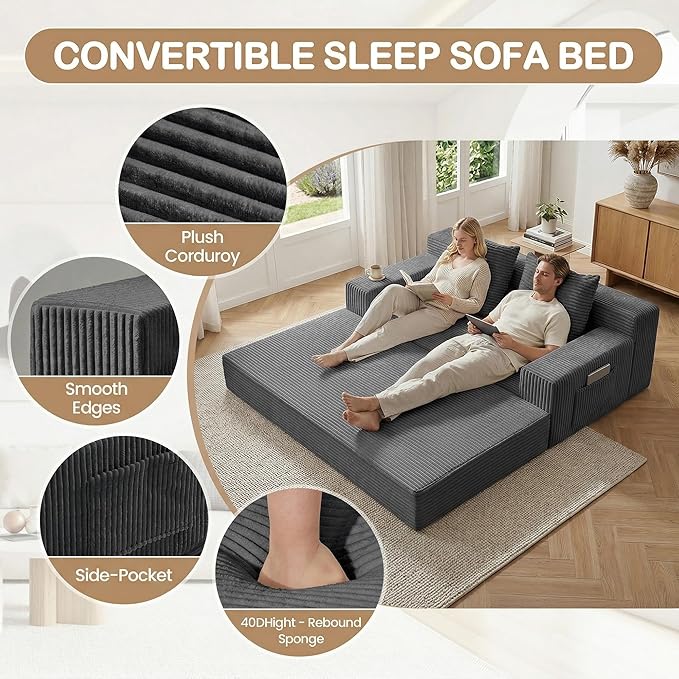 Boneless Loveseat Small Couch Bed, Futon Sleeper Sofa Bed,Convertible Pull Out Couch with 2 Pillows,Corduroy Folding Floor Couch for Living Room,No Assembly Required,Grey