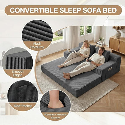 Boneless Loveseat Small Couch Bed, Futon Sleeper Sofa Bed,Convertible Pull Out Couch with 2 Pillows,Corduroy Folding Floor Couch for Living Room,No Assembly Required,Grey