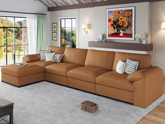 EASE MOOSE Leather Sectional Sofa,Modern Deep Seat Faux Leather Sectional,Extra Large L Shaped Couch,Oversized Modular Sofa,Comfy Scratch Resistant Material，Brown
