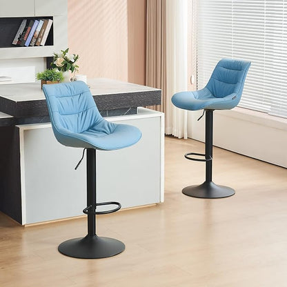 Kidol & Shellder Bar Stools Set of 2 Adjustable Swivel Blue, PU Leather Upholstered with Back, Modern Counter Height Stools for Kitchen Island, Home Bar