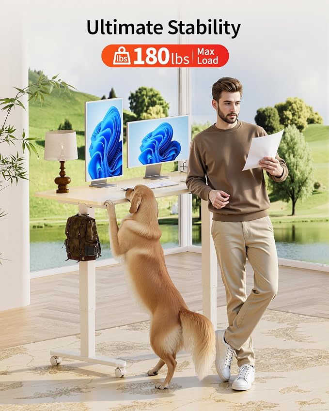 Okin Standing Desk Electric Adjustable Computer Whole Piece Stand up Desk with Wheels Office Gaming Home Office Memory Desks 48x24 inches Cream Brown