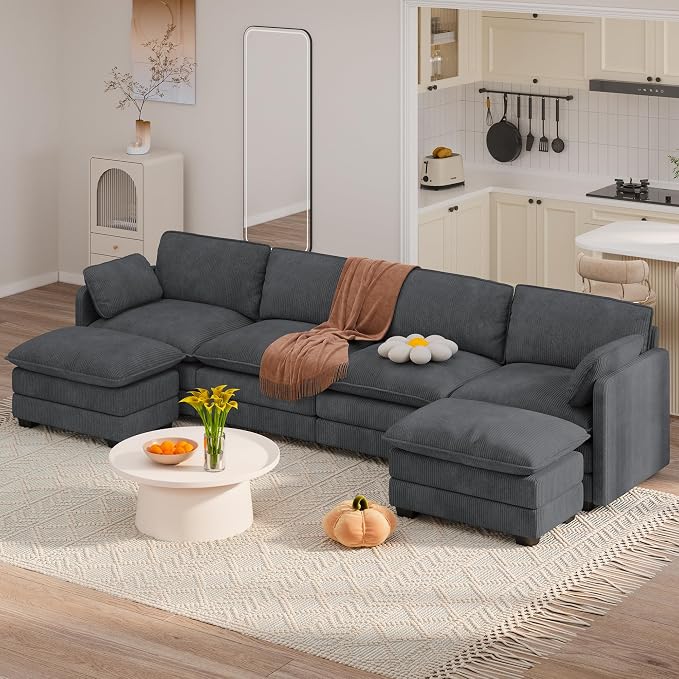 Gizoon 4 Seater Modular Sectional Cloud Sofa with 2 Movable Ottomans U Shaped Corduroy Deep Seat Sofa Couches with Double Layer Upholstered Seat Cushion, Pet-Friendly Fabric, Gray