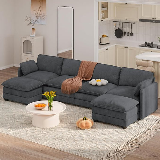 Gizoon 4 Seater Modular Sectional Cloud Sofa with 2 Movable Ottomans U Shaped Corduroy Deep Seat Sofa Couches with Double Layer Upholstered Seat Cushion, Pet-Friendly Fabric, Gray