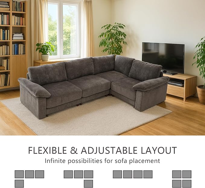 Oversized Modular Cloud Couch with Removable Washable Cover, L -Shaped Sectional for Large Living Room, Plush Chenille & Deep Seat（Grey）