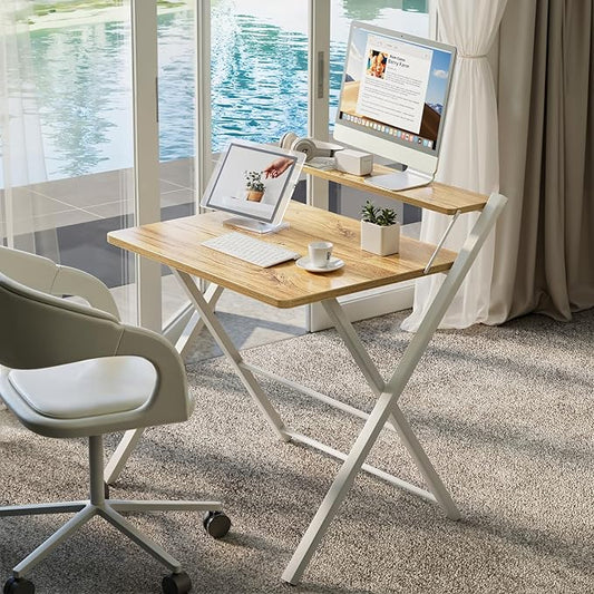 GreenForest Portable Small Desk No Assembly, 2-Tier Compact Computer Desk with Shelf, Space Saving Foldable Table for Home Office, Bedroom or Apartment, Portable Collapsible Sturdy Laptop Desk, Oak