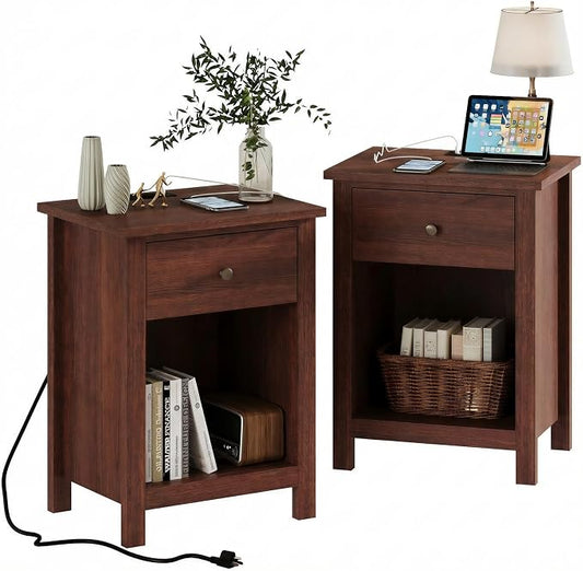 ChooChoo Farmhouse Nightstand Set of 2,Night Stand with Charging Station, Wooden Top Bedside End Table with Drawer and Storage Space for Bedroom, Walnut