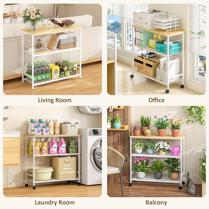 3 Tier Rolling Kitchen Microwave Cart, 33 Inch Microwave Table Stand with Adjustable Shelf, Kitchen Storage Island Utility Cart on Wheels, Bakers Rack Coffee Bar for Living Room, Office, White