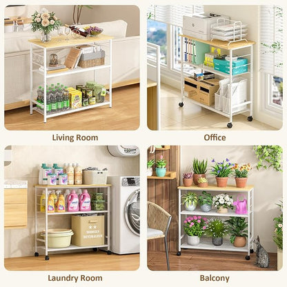 3 Tier Rolling Kitchen Microwave Cart, 33 Inch Microwave Table Stand with Adjustable Shelf, Kitchen Storage Island Utility Cart on Wheels, Bakers Rack Coffee Bar for Living Room, Office, White