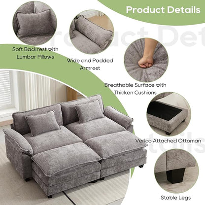 Oprisen 86" Modular Sectional Sofa, Comfy Cloud Couch Sectional Sofa with Ottomans, Chenille Sofa Sleeper Deep Seat Sofa with Throw Pillows for Living Room (Lgiht Grey)