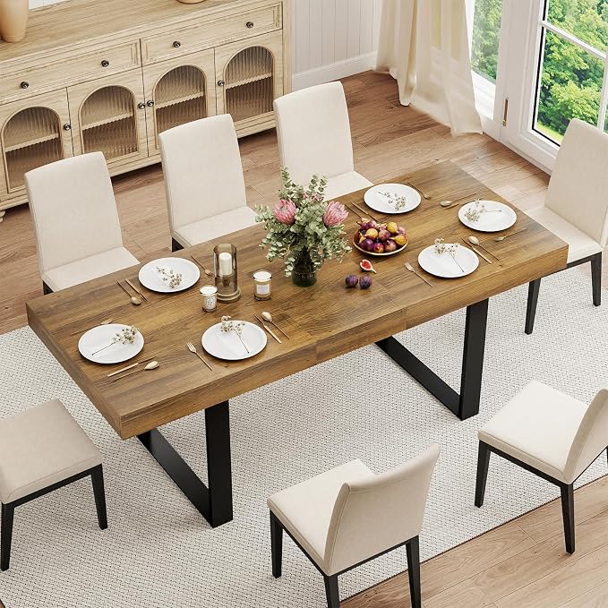 Zevemomo 63"-78.7" Extendable Dining Room Table for 6-8, Expandable Dinner Table Rectangular Kitchen Table Farmhouse Wooden Dining Tables for Dining, Kitchen, Office, Living Room, Space Saving-Brown