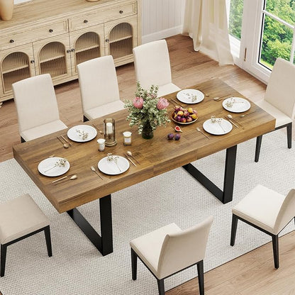 Zevemomo 63"-78.7" Extendable Dining Room Table for 6-8, Expandable Dinner Table Rectangular Kitchen Table Farmhouse Wooden Dining Tables for Dining, Kitchen, Office, Living Room, Space Saving-Brown