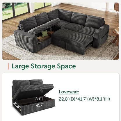 HONBAY Modular Sectional Sleeper Sofa with Pull Out Bed,Corduroy L Shaped Couch with Storage, Sectional Couches for Living Room,Dark Grey
