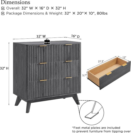 T4TREAM Fluted 3 Drawers Nightstand, Oversized Extra Large Modern Side Table, End Table Bedside for Bedroom, Living Room, Curved Profile Design, Dark Alder