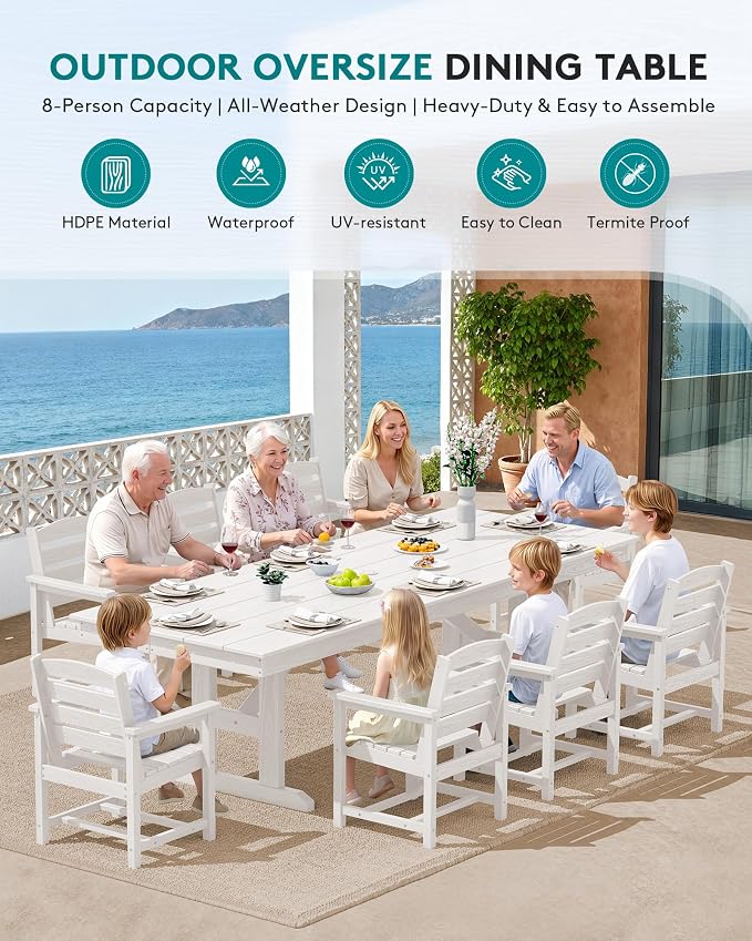 SERWALL 9 Piece 84" HDPE Outdoor Dining Set for 8 with Armchairs and Umbrella Hole, White