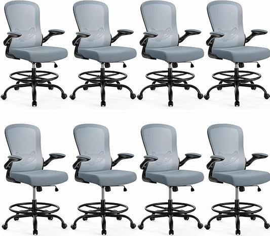 ErGear Drafting Chair,Tall Office Chair with Flip-Up Armrests, High Desk Chair Adjustable Height and Adjustable Footrest Ring, Ergonomic Standing Desk Chair with Lumbar Support, Blue,8 Pack