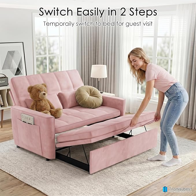 54'' Sleeper Sofa Bed, Convertible Pull Out Couch Futon for for Living Room,Apartment (Pink, Loveseat) Side Pockets, Velvet Fabric, Adjustable Backrest, Pull-Out Bed, Easy Assembly