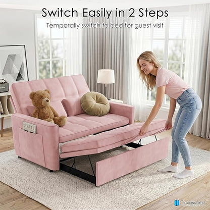 54'' Sleeper Sofa Bed, Convertible Pull Out Couch Futon for for Living Room,Apartment (Pink, Loveseat) Side Pockets, Velvet Fabric, Adjustable Backrest, Pull-Out Bed, Easy Assembly