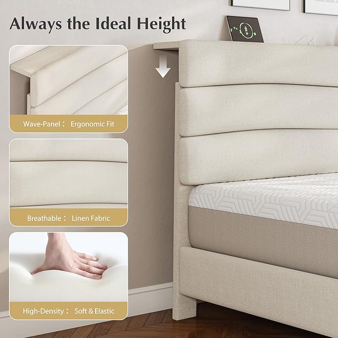 EnHomee King Size Platform Bed Frame with Headboard, Adjustable Height, Wooden Slats,Charging Stations,Noise-Free, No Box Spring Needed,Easy Assembly,Beige