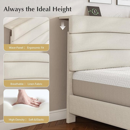 EnHomee King Size Platform Bed Frame with Headboard, Adjustable Height, Wooden Slats,Charging Stations,Noise-Free, No Box Spring Needed,Easy Assembly,Beige