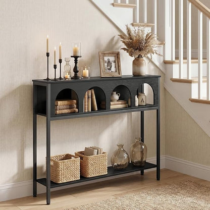 HOOBRO Narrow Console Table, Entryway Table with 3-Tier Storage, Sofa Table, Behind Couch Table with Arched Design for Living Room, Entrance, Hallway, Black BB106XG01