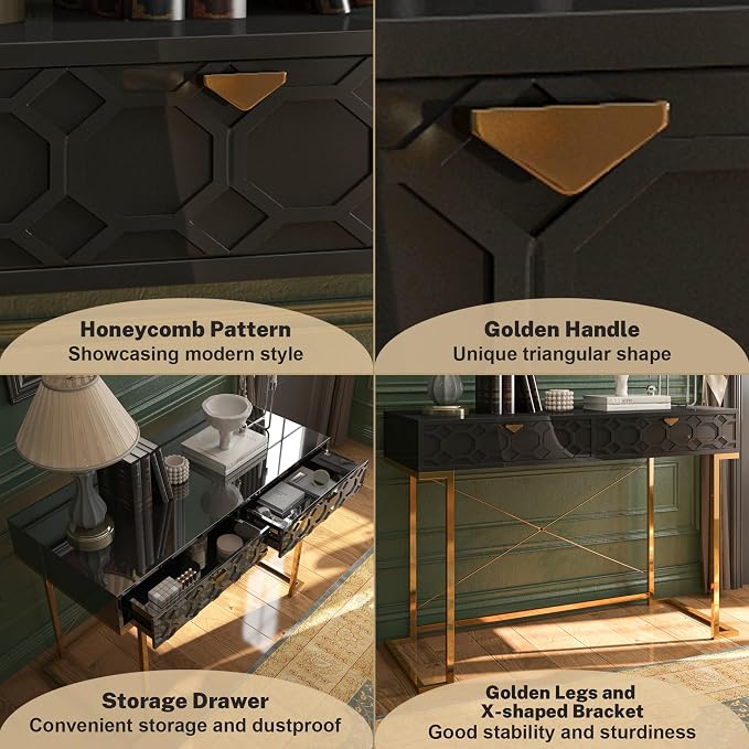 Clihome 42'' Home Office Desks, Modern Writing Desk with Drawers, Modern Simple Desk with Golden Legs and X-Shaped Bracket