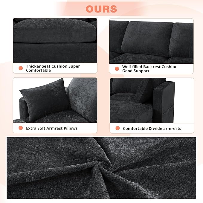 84” Chenille 3-Seats Sofa W/Movable Ottoman, Black | Modern Fabric L-Shaped Couch w/Soft Backrests, Upholstered Sectional Sofa w/Arm Pillows for Living Room
