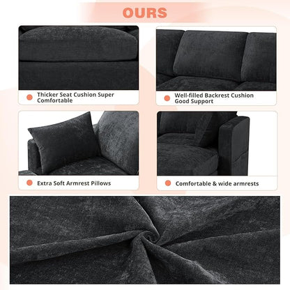 84” Chenille 3-Seats Sofa W/Movable Ottoman, Black | Modern Fabric L-Shaped Couch w/Soft Backrests, Upholstered Sectional Sofa w/Arm Pillows for Living Room